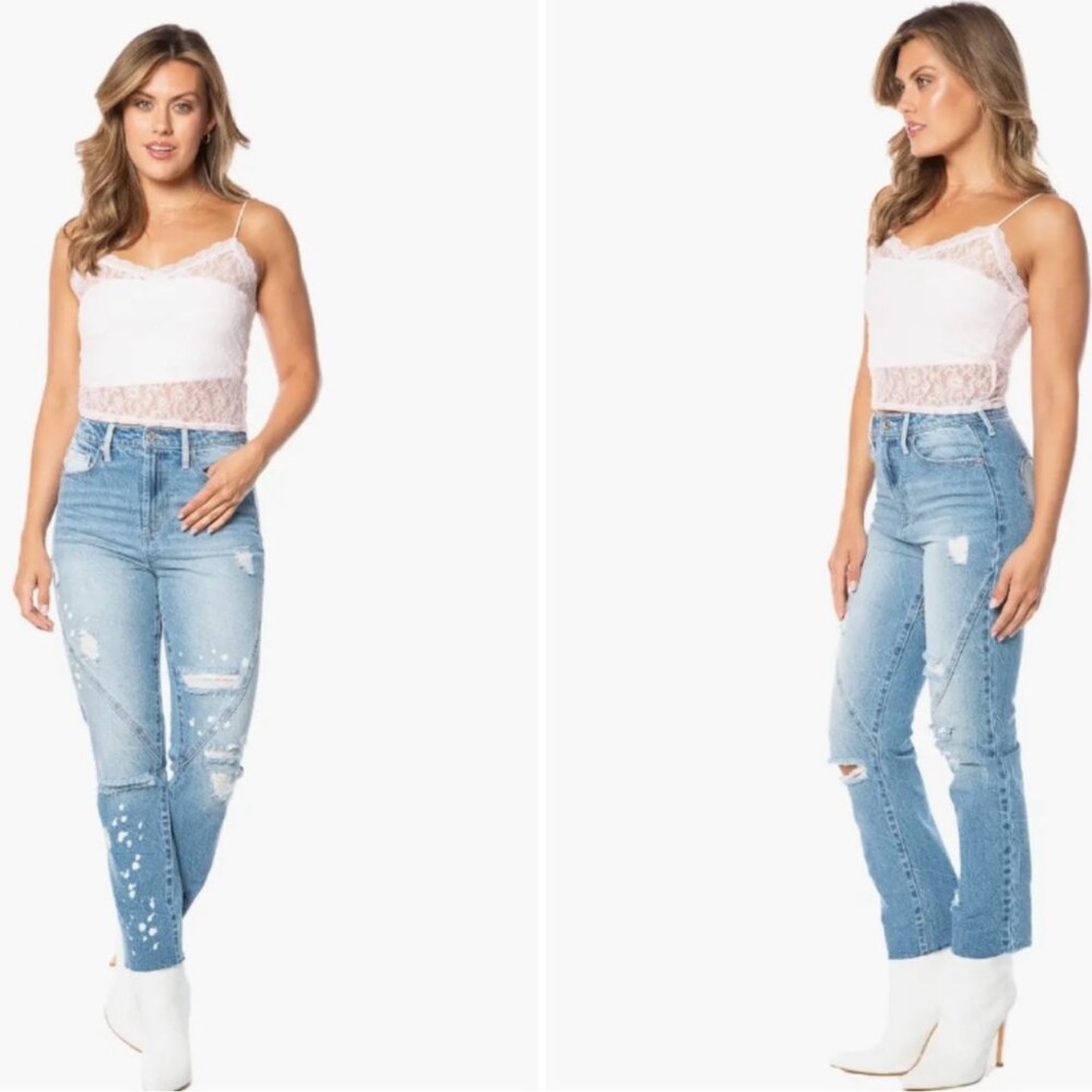 NWT Juicy Couture Two Hearts Distressed Straight Leg Jeans Blue Size 30 - Picture 3 of 6